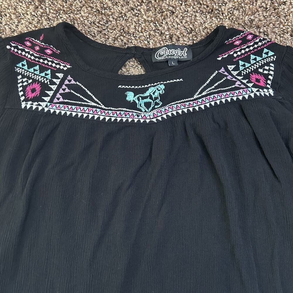 Cowgirl Hardware Women’s Blouse Size Large - Black With Colorful Embroidery